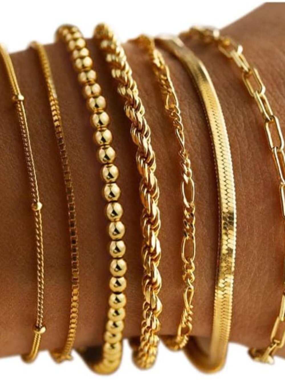 Gold Bracelets for Women - 14K Real Gold Plated Beaded Bracelets Set Rope Paperc
